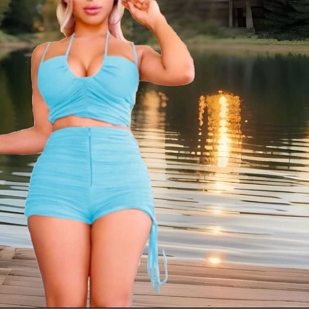 60’s Pin-up Style Ruched Sides W/Drawstring On Crop Cami Top & Short Outfit